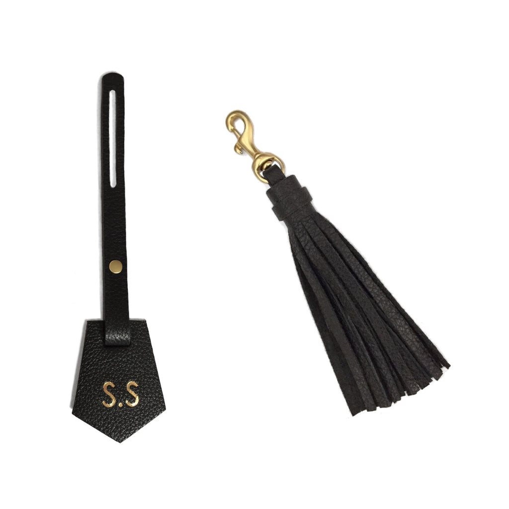 Personalised Black Bag Tag and Tassel Set
